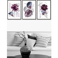 ARTZE Set of 3 Black Framed Abstract Purple & Silver Botanical Wall Art | Size: W53 cm x H73 cm x D20mm