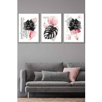 ARTZE Set of 3 Light Grey Framed Abstract Pink & Black Botanical Wall Art in Bright Pink | Size: W33 cm x H45 cm x D20mm