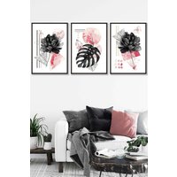 ARTZE Set of 3 Black Framed Abstract Pink & Black Botanical Wall Art in Bright Pink | Size: W45 cm x H62 cm x D20mm