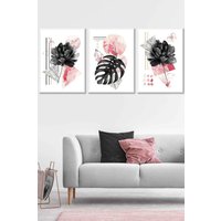 ARTZE Set of 3 White Framed Abstract Pink & Black Botanical Wall Art in Bright Pink | Size: W53 cm x H73 cm x D20mm