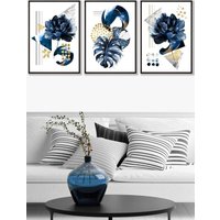 ARTZE Set of 3 Black Framed Abstract Blue & Gold Botanical Wall Art in Navy | Size: W33 cm x H45 cm x D20mm
