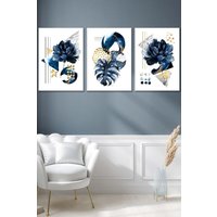 ARTZE Set of 3 White Framed Abstract Blue & Gold Botanical Wall Art in Navy | Size: W53 cm x H73 cm x D20mm
