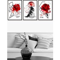 ARTZE Set of 3 Black Framed Abstract Red & Black Botanical Wall Art | Size: W33 cm x H45 cm x D20mm