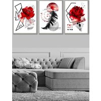 ARTZE Set of 3 Light Grey Framed Abstract Red & Black Botanical Wall Art | Size: W45 cm x H62 cm x D20mm
