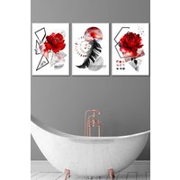 ARTZE Set of 3 White Framed Abstract Red & Black Botanical Wall Art | Size: W53 cm x H73 cm x D20mm