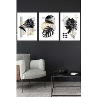 ARTZE Set of 3 White Framed Abstract Black & Gold Botanical Wall Art | Size: W33 cm x H45 cm x D20mm