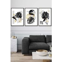 ARTZE Set of 3 Black Framed Abstract Black & Gold Botanical Wall Art | Size: W53 cm x H73 cm x D20mm
