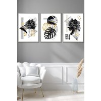 ARTZE Set of 3 Light Grey Framed Abstract Black & Gold Botanical Wall Art | Size: W53 cm x H73 cm x D20mm