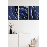 ARTZE Abstract Navy Blue Silver Strokes Framed Wall Art - Medium in Black | Size: W45 cm x H62 cm x D20mm