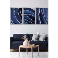 ARTZE Abstract Navy Blue Silver Strokes Framed Wall Art - Large in Metallic Silver | Size: W53 cm x H73 cm x D20mm