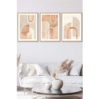 ARTZE Set of 3 Oak Framed Mid Century Terracotta & Beige Arches Wall Art | Size: W33 cm x H45 cm x D20mm