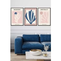 ARTZE Set of 3 Black Framed Matisse Style Floral Cut Out Navy & Pink Wall Art in Dusty Pink | Size: W33 cm x H45 cm x D20mm