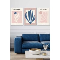 ARTZE Set of 3 White Framed Matisse Style Floral Cut Out Navy & Pink Wall Art in Dusty Pink | Size: W45 cm x H62 cm x D20mm