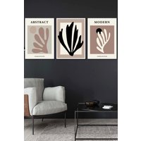 ARTZE Set of 3 White Framed Matisse Style Floral Cut Out Browns & Black Wall Art in Chocolate | Size: W33 cm x H45 cm x D20mm