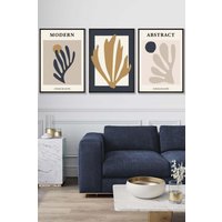 ARTZE Set of 3 Black Framed Matisse Style Floral Cut Out Navy & Yellow Wall Art | Size: W33 cm x H45 cm x D20mm