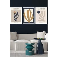 ARTZE Set of 3 White Framed Matisse Style Floral Cut Out Navy & Yellow Wall Art | Size: W53 cm x H73 cm x D20mm