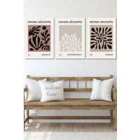 ARTZE Set of 3 White Framed Matisse Style Floral Cut Out Brown & Black Wall Art in Chocolate | Size: W33 cm x H45 cm x D20mm