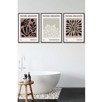 ARTZE Set of 3 Black Framed Matisse Style Floral Cut Out Brown & Black Wall Art in Chocolate | Size: W53 cm x H73 cm x D20mm