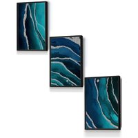 ARTZE Abstract Teal Blue Silver Strokes Framed Wall Art - Small in Black | Size: W33 cm x H45 cm x D20mm