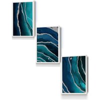ARTZE Abstract Teal Blue Silver Strokes Framed Wall Art - Small in White | Size: W33 cm x H45 cm x D20mm