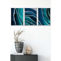 ARTZE Abstract Teal Blue Silver Strokes Framed Wall Art - Medium in Metallic Silver | Size: W45 cm x H62 cm x D20mm