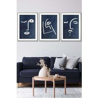 ARTZE Set of 3 Light Grey Framed Navy & White Abstract Line Art Faces Wall Art | Size: W45 cm x H62 cm x D20mm