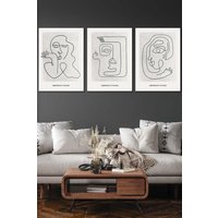ARTZE Set of 3 White Framed Grey Abstract Line Art Faces Wall Art in Light Grey | Size: W45 cm x H62 cm x D20mm
