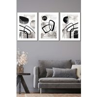 ARTZE Abstract Black Grey Watercolour Shapes Framed Wall Art - Large in White | Size: W53 cm x H73 cm x D20mm