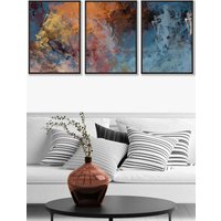 ARTZE Set of 3 Black Framed Abstract Orange Blue Cerulean Dream Wall Art in Burnt Orange | Size: W33 cm x H45 cm x D20mm
