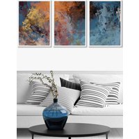 ARTZE Set of 3 White Framed Abstract Orange Blue Cerulean Dream Wall Art in Burnt Orange | Size: W53 cm x H73 cm x D20mm