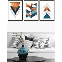 ARTZE Set of 3 Black Framed Mid Century Teal Orange Abstract Geometric Wall Art | Size: W53 cm x H73 cm x D20mm