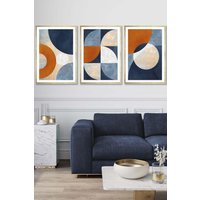 ARTZE Geometric Abstract Textured Circles in Navy Blue Orange Gold Framed Wall Art - Large in Metallic Gold | Size: W53 cm x H73 cm x D20mm