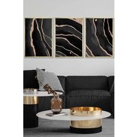 ARTZE Abstract Black Grey Gold Strokes Framed Wall Art - Large in Metallic Gold | Size: W53 cm x H73 cm x D20mm