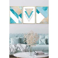 ARTZE Set of 3 Gold Framed Aqua Blue Abstract Mid Century Geometric Wall Art | Size: W33 cm x H45 cm x D20mm