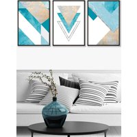 ARTZE Set of 3 Black Framed Aqua Blue Abstract Mid Century Geometric Wall Art | Size: W53 cm x H73 cm x D20mm