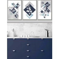 ARTZE Set of 3 Light Grey Framed Graphical Abstract Floral Navy Blue Grey Wall Art | Size: W53 cm x H73 cm x D20mm