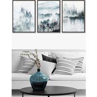 ARTZE Set of 3 Black Framed Teal Blue Abstract Forest Lake Wall Art | Size: W45 cm x H62 cm x D20mm
