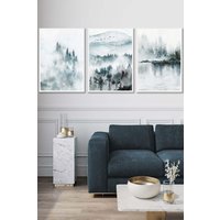 ARTZE Set of 3 White Framed Teal Blue Abstract Forest Lake Wall Art | Size: W53 cm x H73 cm x D20mm