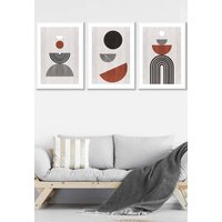 ARTZE Set of 3 White Framed Black Grey Terracotta Abstract Mid Century Geometric Wall Art | Size: W33 cm x H45 cm x D20mm