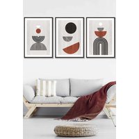 ARTZE Set of 3 Black Framed Black Grey Terracotta Abstract Mid Century Geometric Wall Art | Size: W53 cm x H73 cm x D20mm