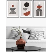 ARTZE Set of 3 Dark Grey Framed Black Grey Terracotta Abstract Mid Century Geometric Wall Art | Size: W53 cm x H73 cm x D20mm