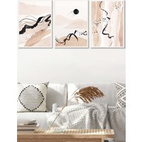 ARTZE Set of 3 White Framed Beige Black Abstract Mountain Contours Wall Art | Size: W45 cm x H62 cm x D20mm