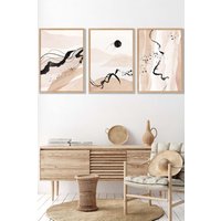 ARTZE Set of 3 Oak Framed Beige Black Abstract Mountain Contours Wall Art | Size: W45 cm x H62 cm x D20mm