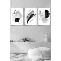 ARTZE Abstract Black Grey Ivory Watercolour Shapes Framed Wall Art - Medium in Metallic Silver | Size: W45 cm x H62 cm x D20mm
