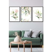 ARTZE Set of 3 Black Framed Pink Watercolour Rose Bouquets Wall Art in Light Pink | Size: W33 cm x H45 cm x D20mm