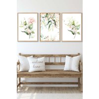 ARTZE Set of 3 Oak Framed Pink Watercolour Rose Bouquets Wall Art in Light Pink | Size: W45 cm x H62 cm x D20mm