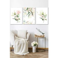 ARTZE Set of 3 White Framed Pink Watercolour Rose Bouquets Wall Art in Light Pink | Size: W53 cm x H73 cm x D20mm