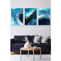 ARTZE Abstract Navy, Blue & Gold Oceans Framed Wall Art - Large in White | Size: W53 cm x H73 cm x D20mm