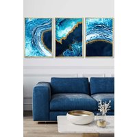 ARTZE Abstract Navy, Blue & Gold Oceans Framed Wall Art - Large in Metallic Gold | Size: W53 cm x H73 cm x D20mm