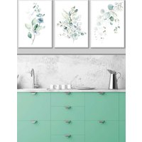 ARTZE Set of 3 White Framed Green Blue Watercolour Eucalyptus Set 3 Wall Art in Light Green | Size: W33 cm x H45 cm x D20mm